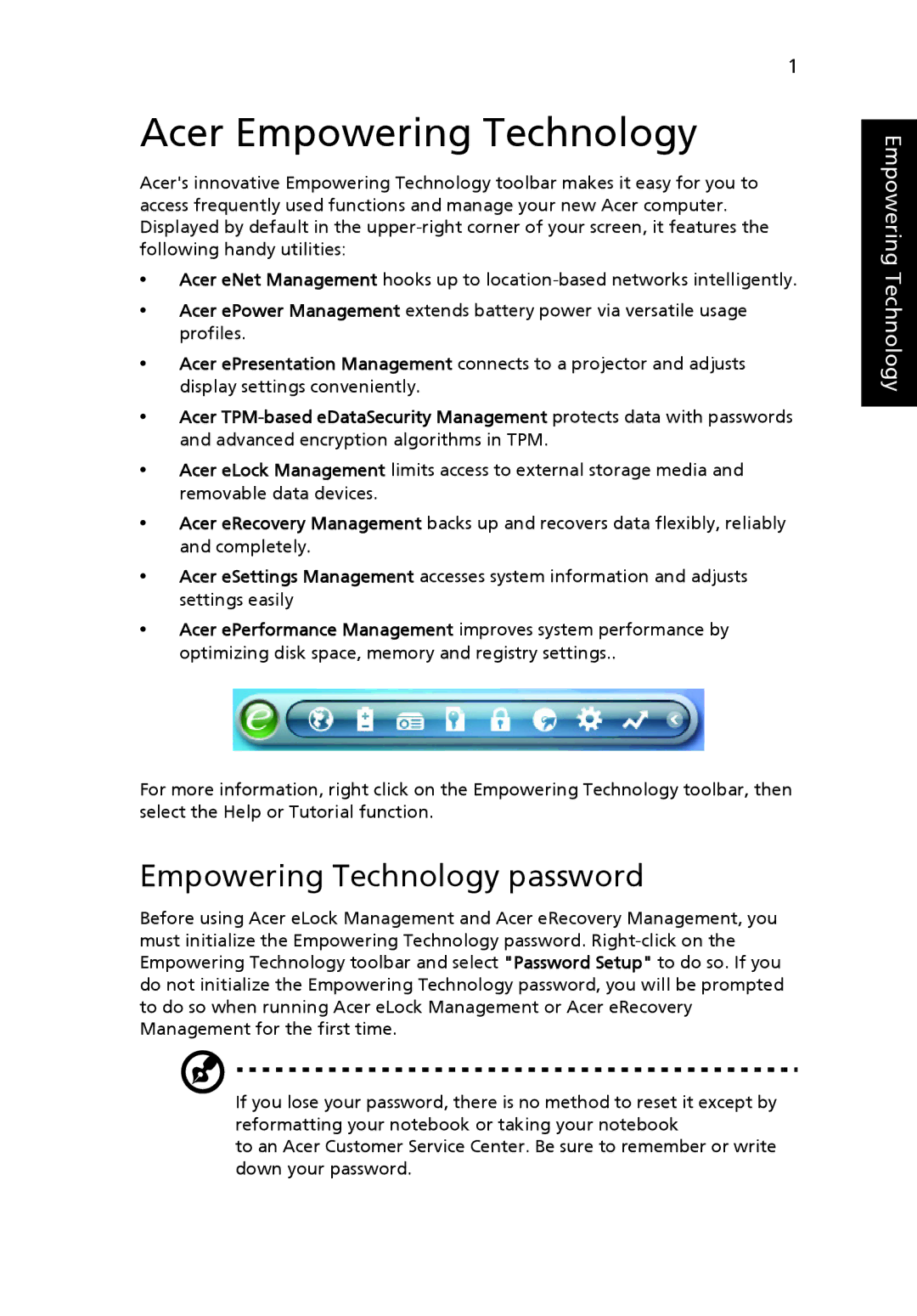 Acer 6410 Series, 6460 Series manual Acer Empowering Technology, Empowering Technology password 