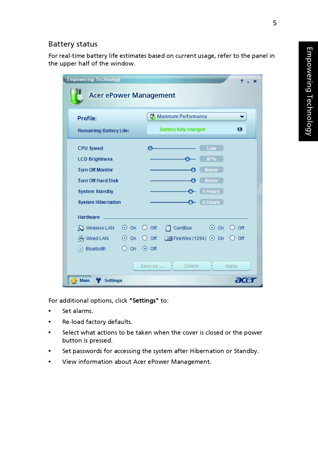 Acer 6410 Series, 6460 Series manual Battery status 