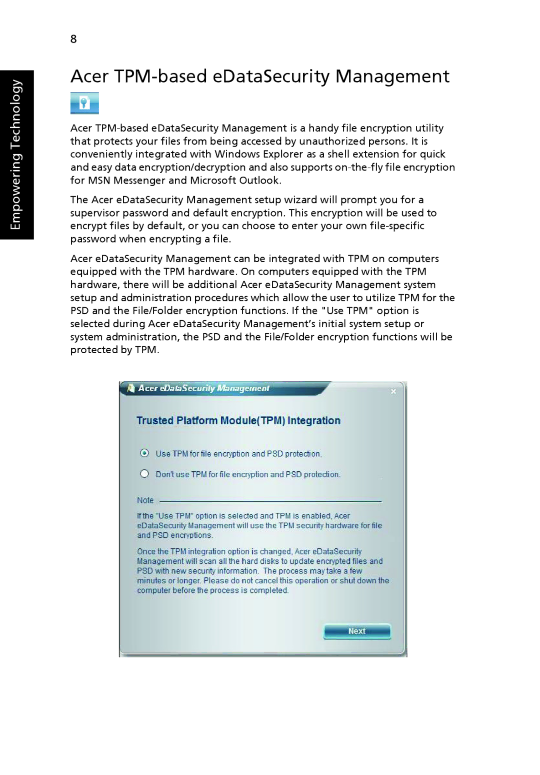 Acer 6460 Series, 6410 Series manual Acer TPM-based eDataSecurity Management 