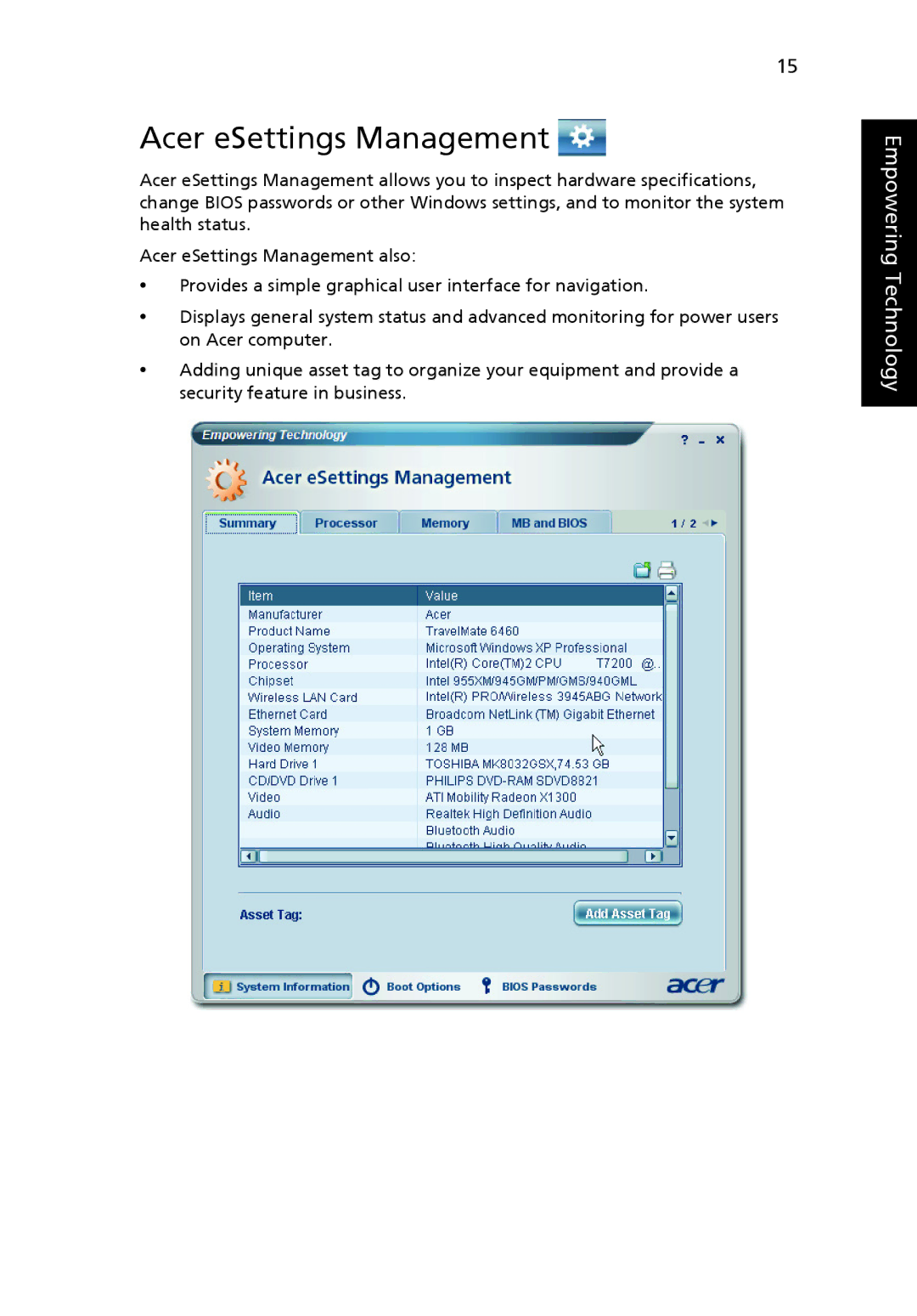 Acer 6410 Series, 6460 Series manual Acer eSettings Management 