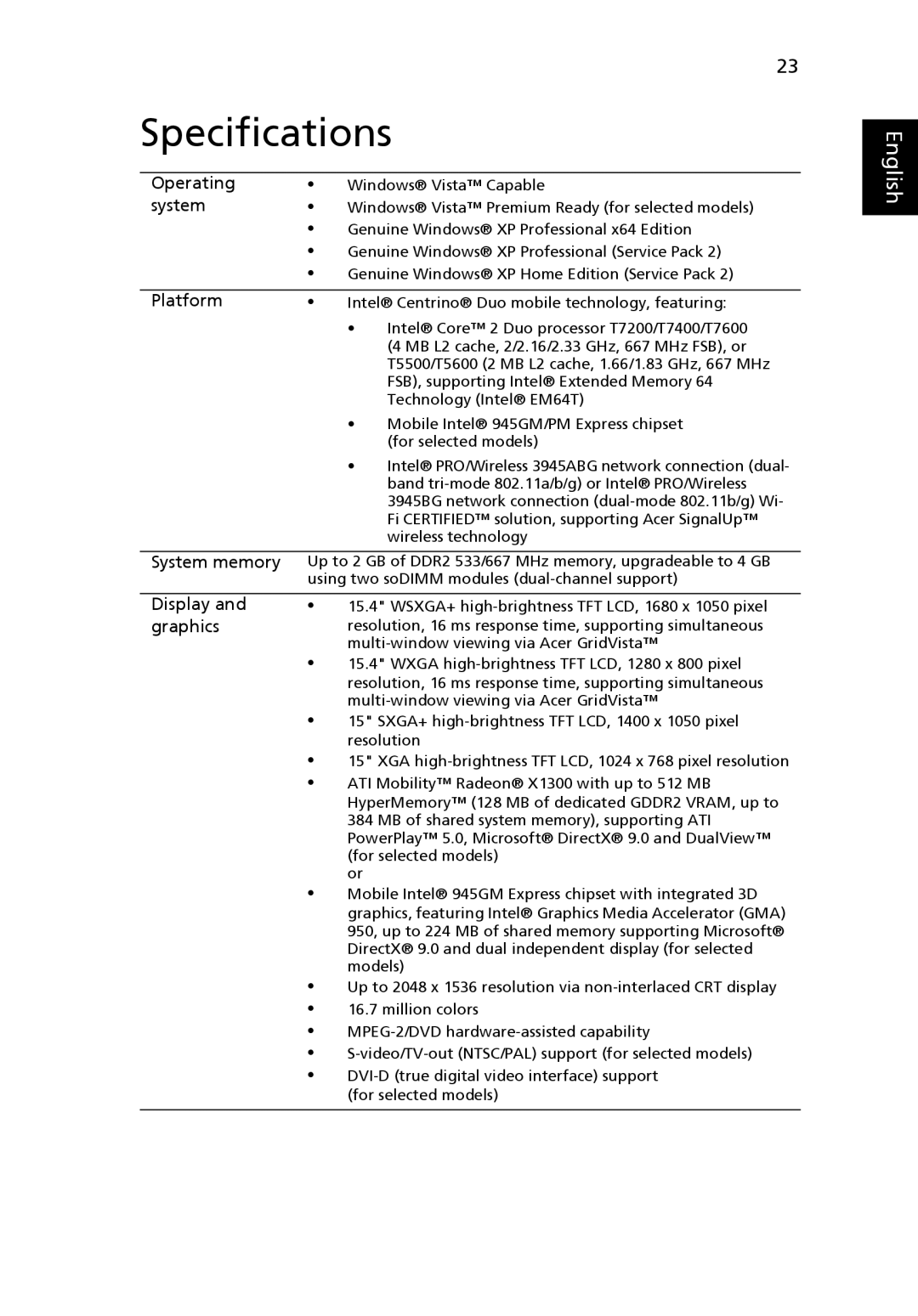 Acer 6410 Series, 6460 Series manual Specifications, System 