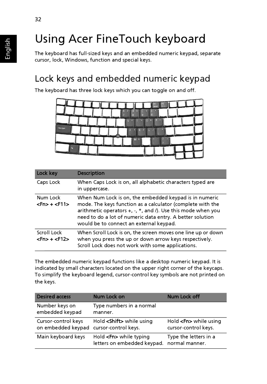 Acer 6460 Series, 6410 Series manual Using Acer FineTouch keyboard, Lock keys and embedded numeric keypad 