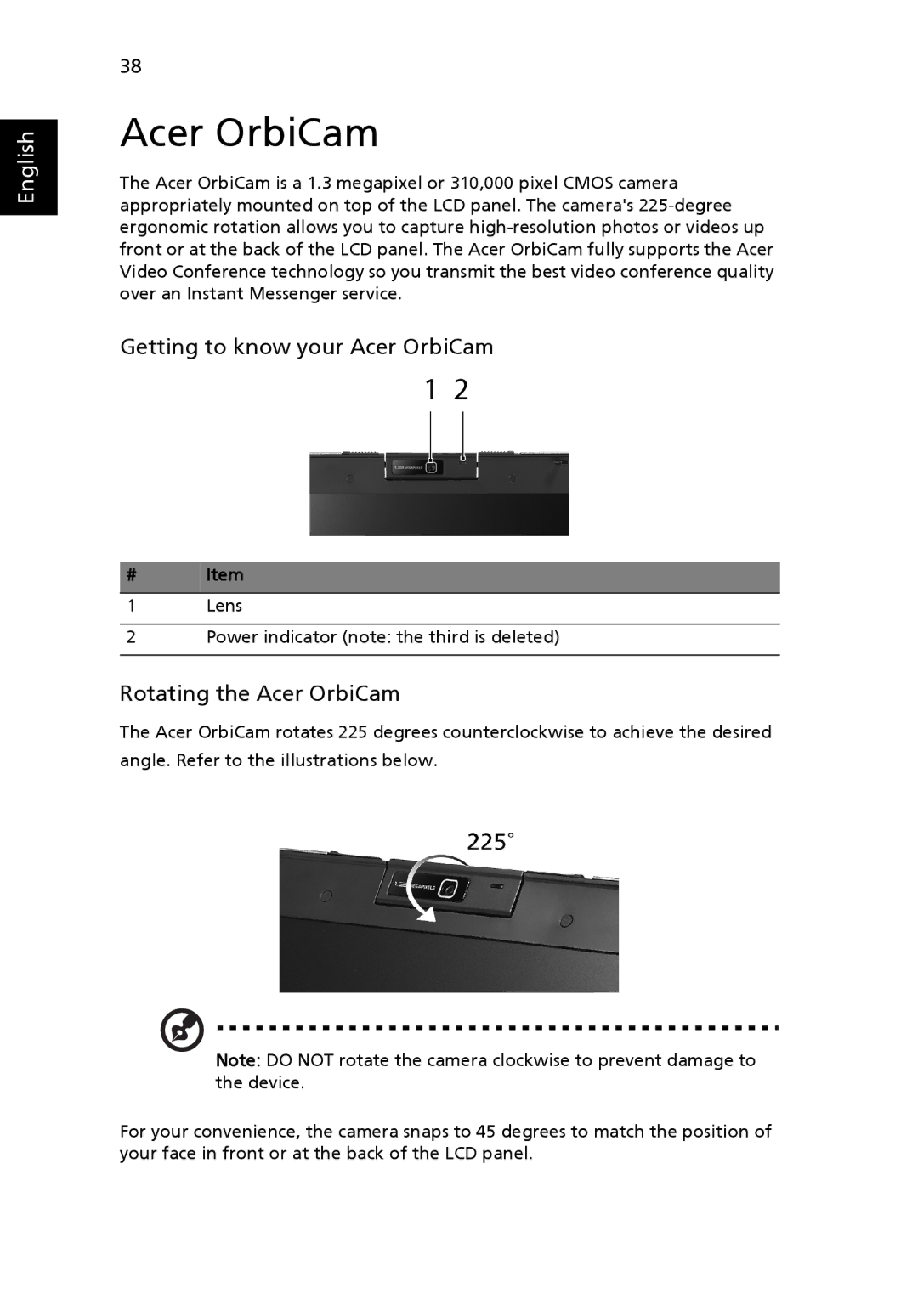 Acer 6460 Series, 6410 Series manual Getting to know your Acer OrbiCam, Rotating the Acer OrbiCam, # Item 