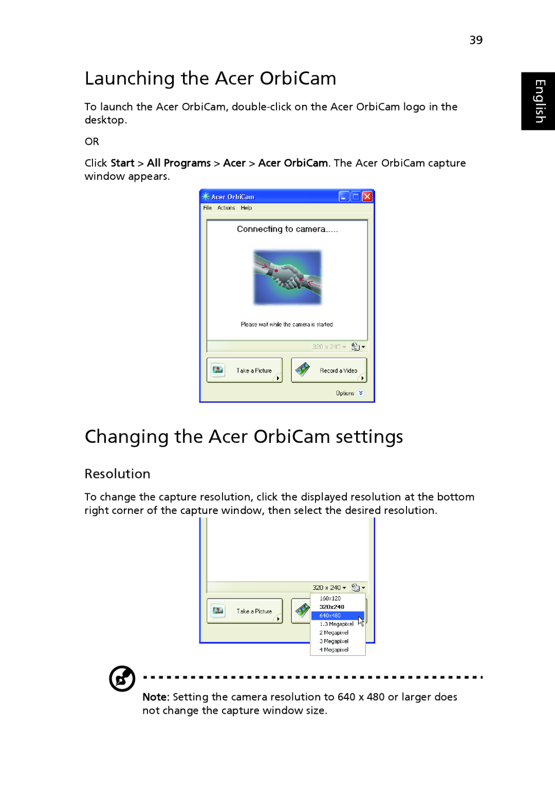 Acer 6410 Series, 6460 Series manual Launching the Acer OrbiCam, Changing the Acer OrbiCam settings, Resolution 