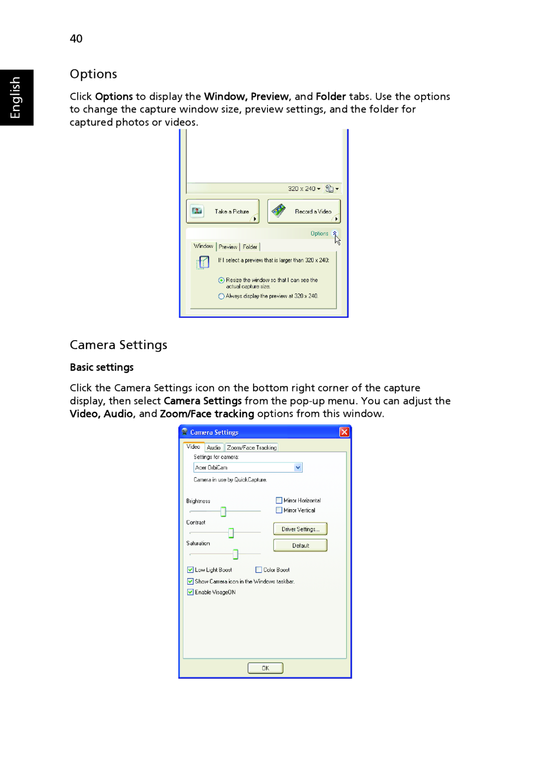 Acer 6460 Series, 6410 Series manual Options, Camera Settings, Basic settings 