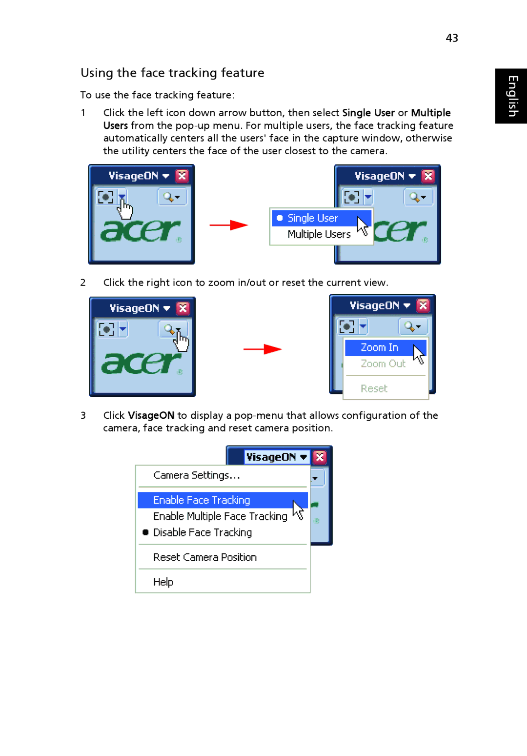 Acer 6410 Series, 6460 Series manual Using the face tracking feature 