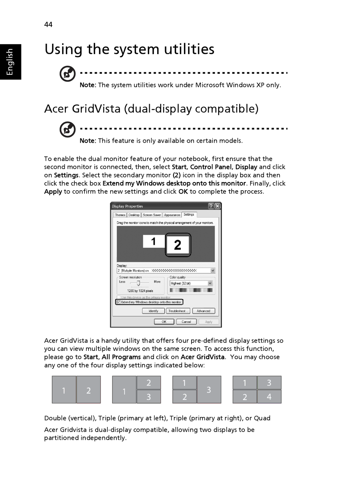 Acer 6460 Series, 6410 Series manual Using the system utilities, Acer GridVista dual-display compatible 