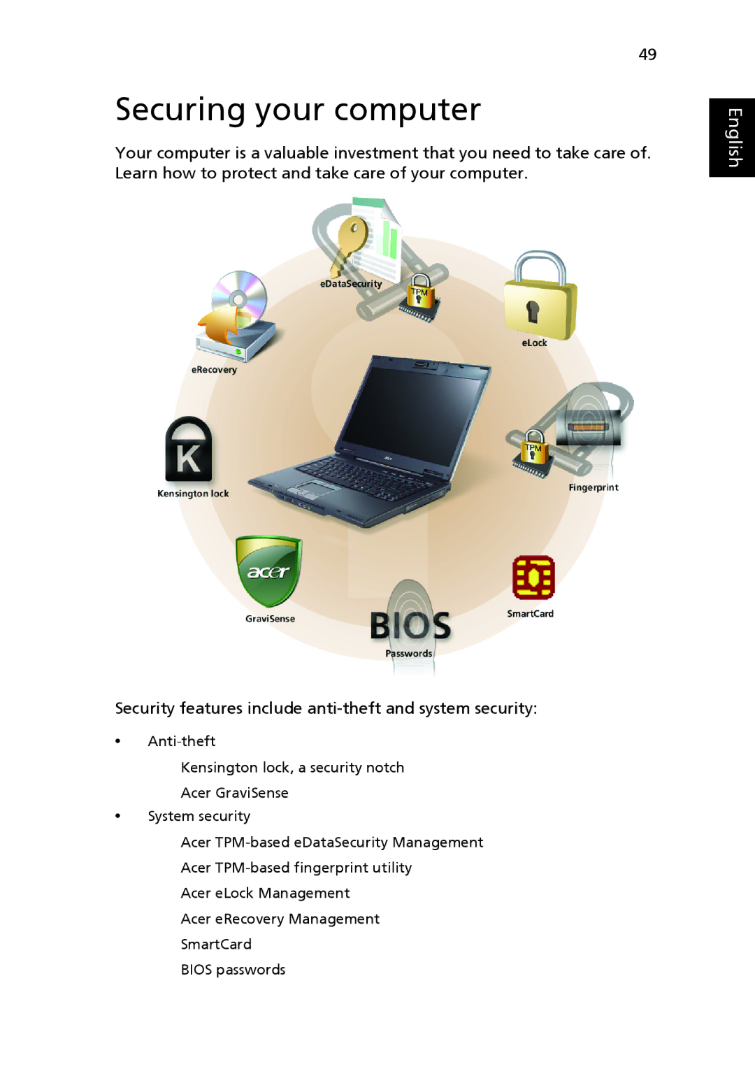 Acer 6410 Series, 6460 Series manual Securing your computer 