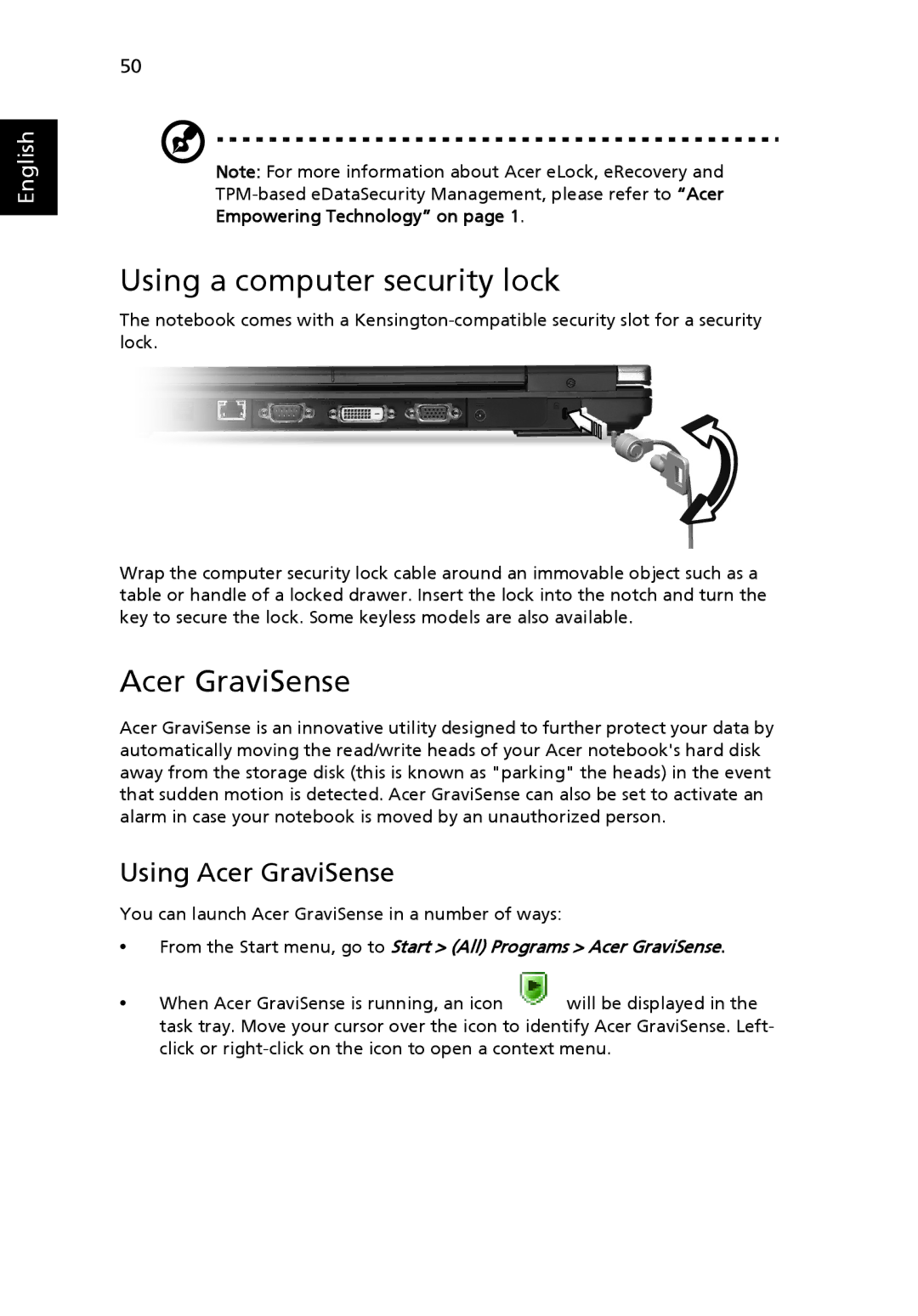 Acer 6460 Series, 6410 Series manual Using a computer security lock, Using Acer GraviSense, Empowering Technology on 