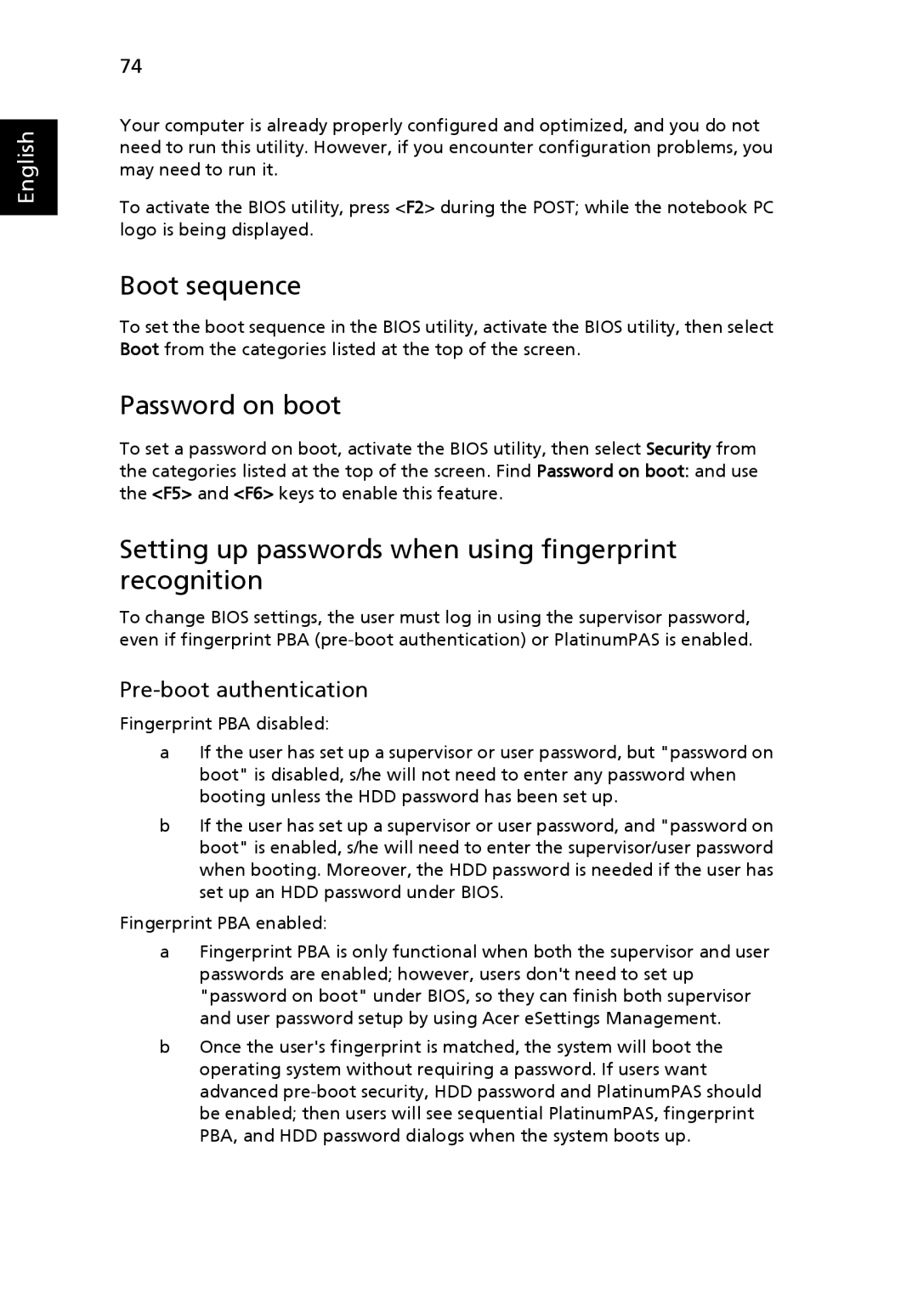 Acer 6460 Series, 6410 Series Boot sequence, Password on boot, Setting up passwords when using fingerprint recognition 