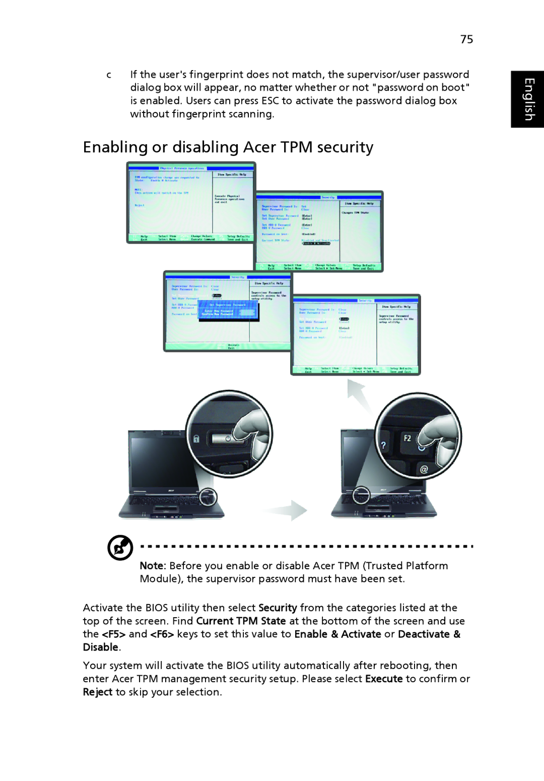 Acer 6410 Series, 6460 Series manual Enabling or disabling Acer TPM security 