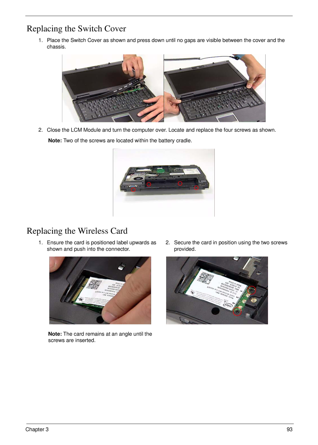 Acer 6492 manual Replacing the Switch Cover, Replacing the Wireless Card 