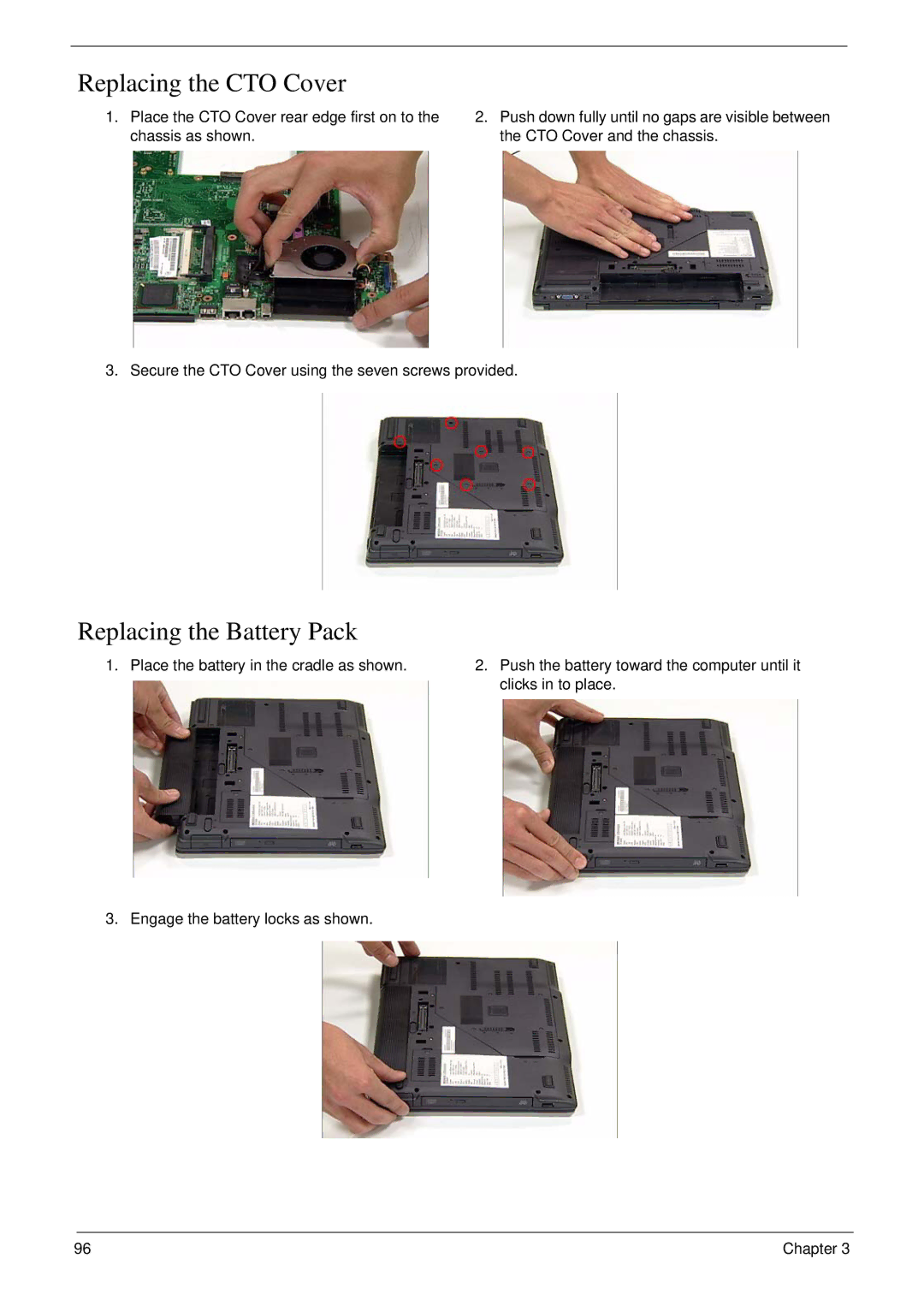 Acer 6492 manual Replacing the CTO Cover, Replacing the Battery Pack 