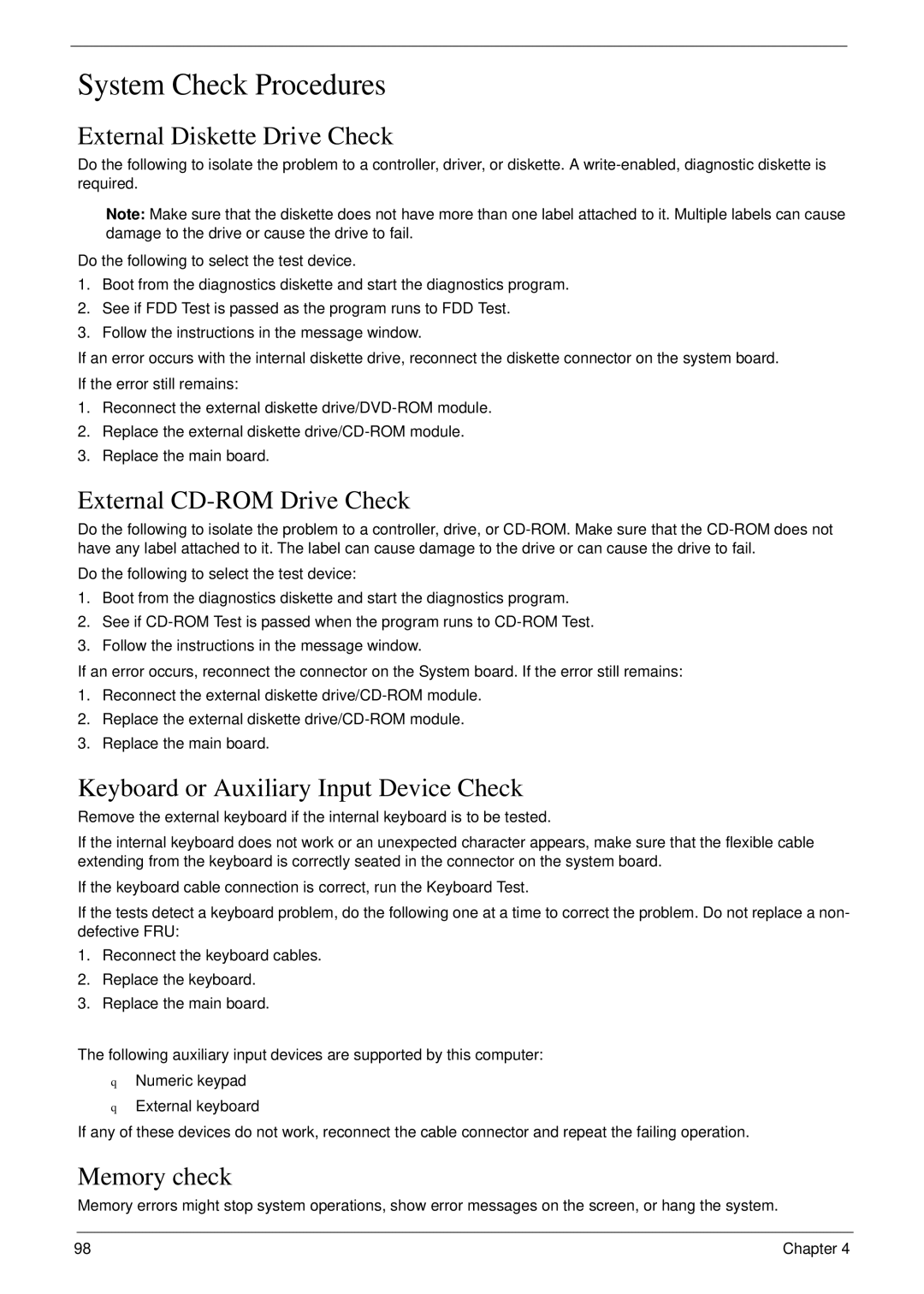 Acer 6492 manual System Check Procedures, External Diskette Drive Check, External CD-ROM Drive Check, Memory check 