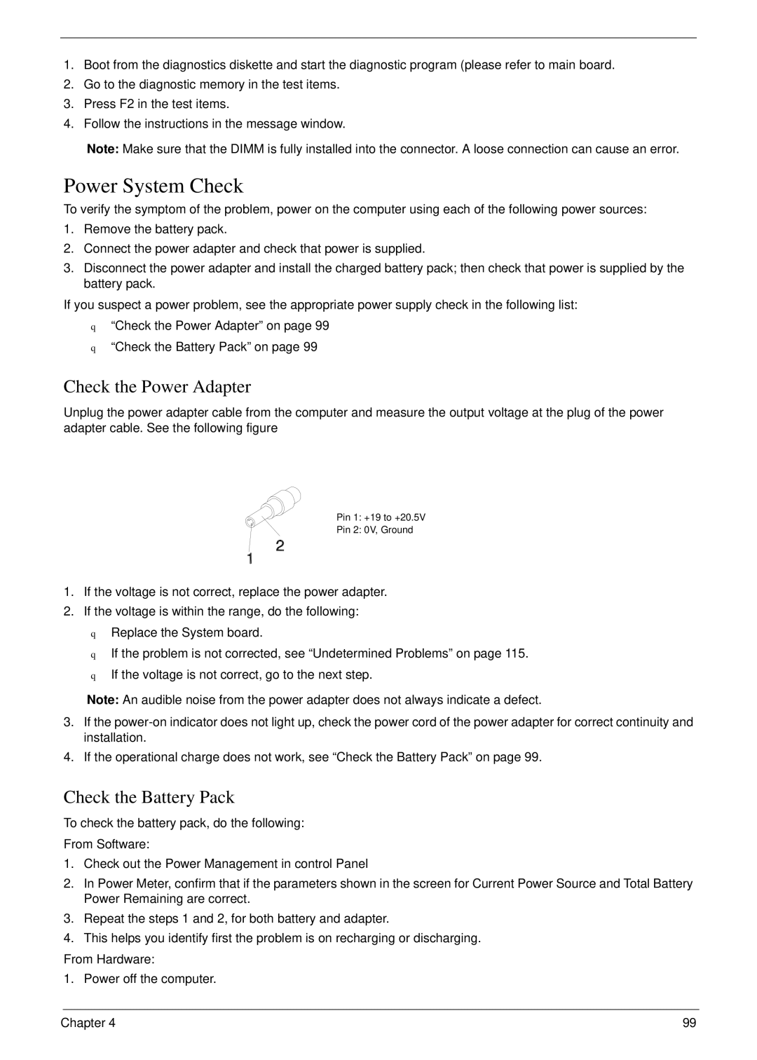 Acer 6492 manual Power System Check, Check the Power Adapter, Check the Battery Pack 