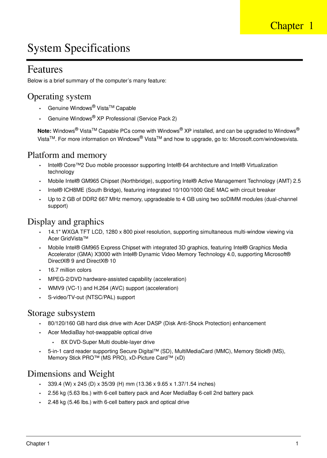 Acer 6492 manual Chapter, Features 