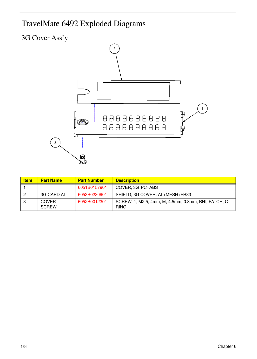 Acer manual TravelMate 6492 Exploded Diagrams, 3G Cover Ass’y, Part Name Part Number Description 