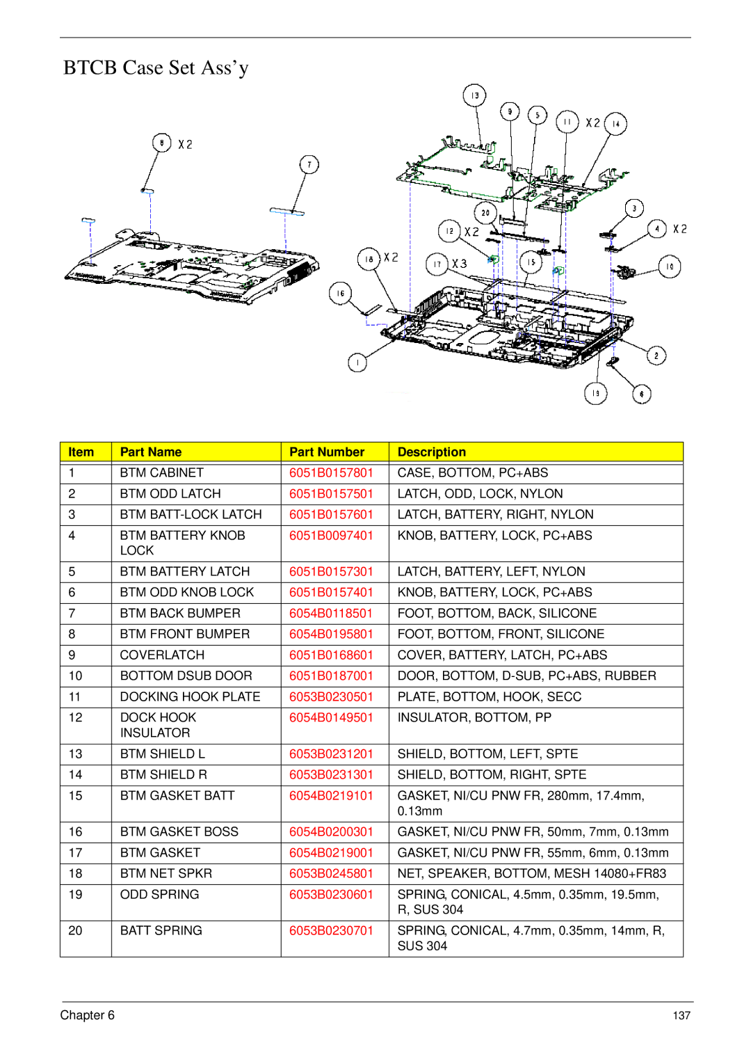 Acer 6492 manual Btcb Case Set Ass’y 