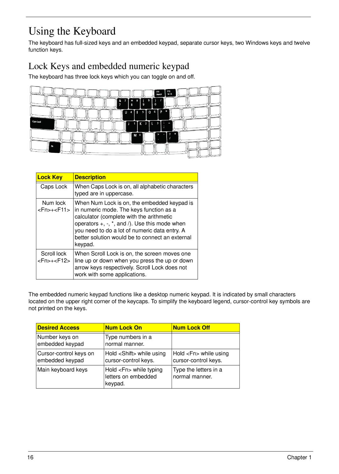 Acer 6492 manual Using the Keyboard, Lock Keys and embedded numeric keypad, Lock Key Description 