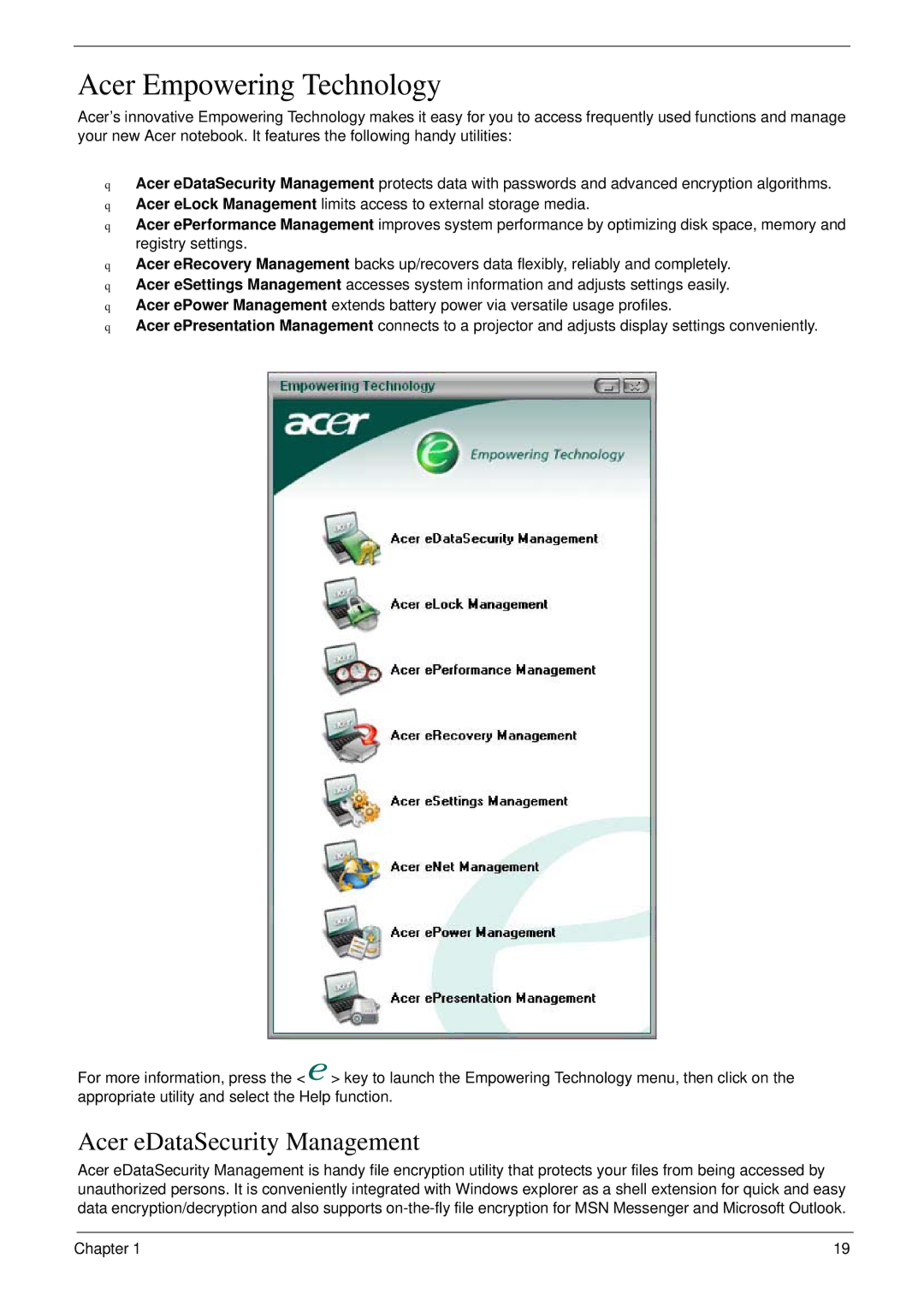 Acer 6492 manual Acer Empowering Technology, Acer eDataSecurity Management 