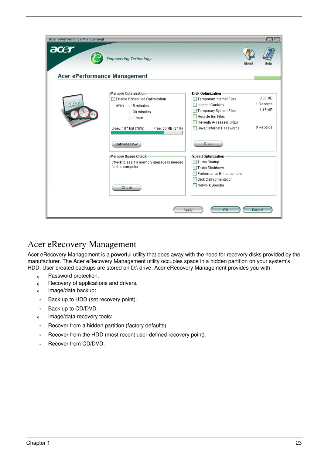 Acer 6492 manual Acer eRecovery Management 