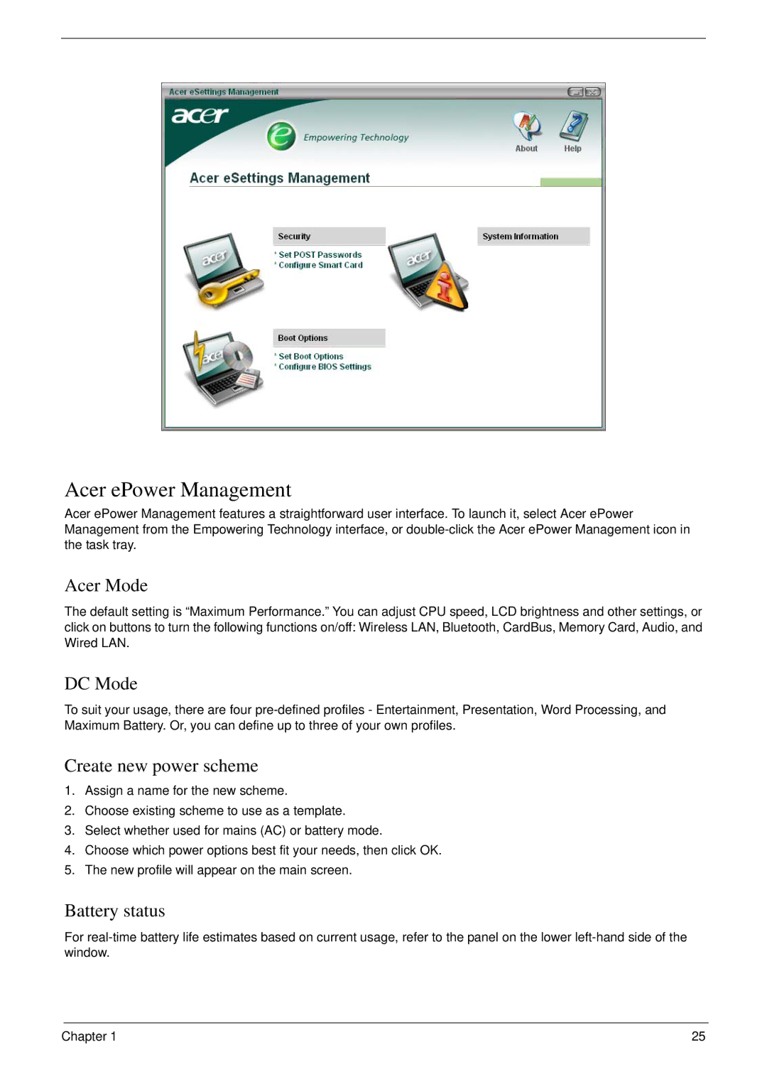 Acer 6492 manual Acer ePower Management, Acer Mode, DC Mode, Create new power scheme, Battery status 