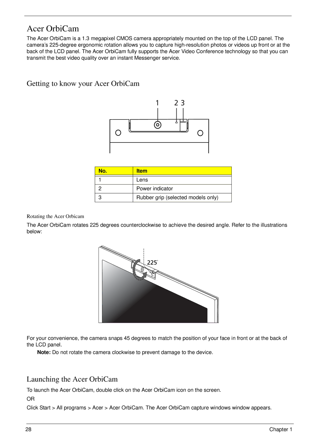 Acer 6492 manual Getting to know your Acer OrbiCam, Launching the Acer OrbiCam 