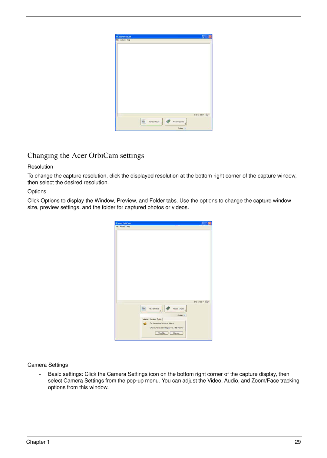 Acer 6492 manual Changing the Acer OrbiCam settings 