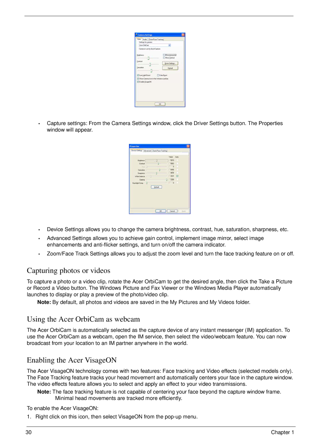 Acer 6492 manual Capturing photos or videos, Using the Acer OrbiCam as webcam, Enabling the Acer VisageON 