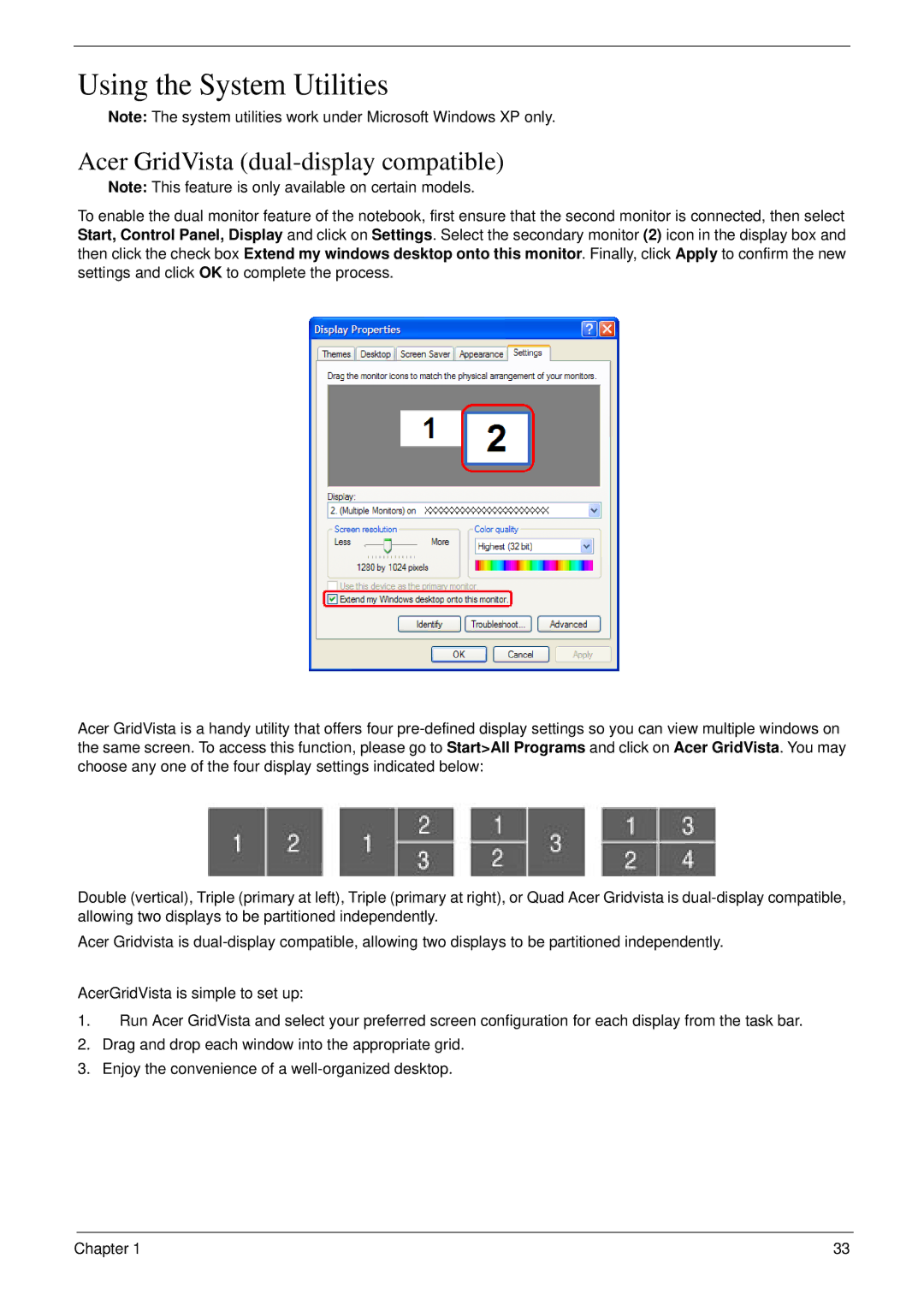 Acer 6492 manual Using the System Utilities, Acer GridVista dual-display compatible 