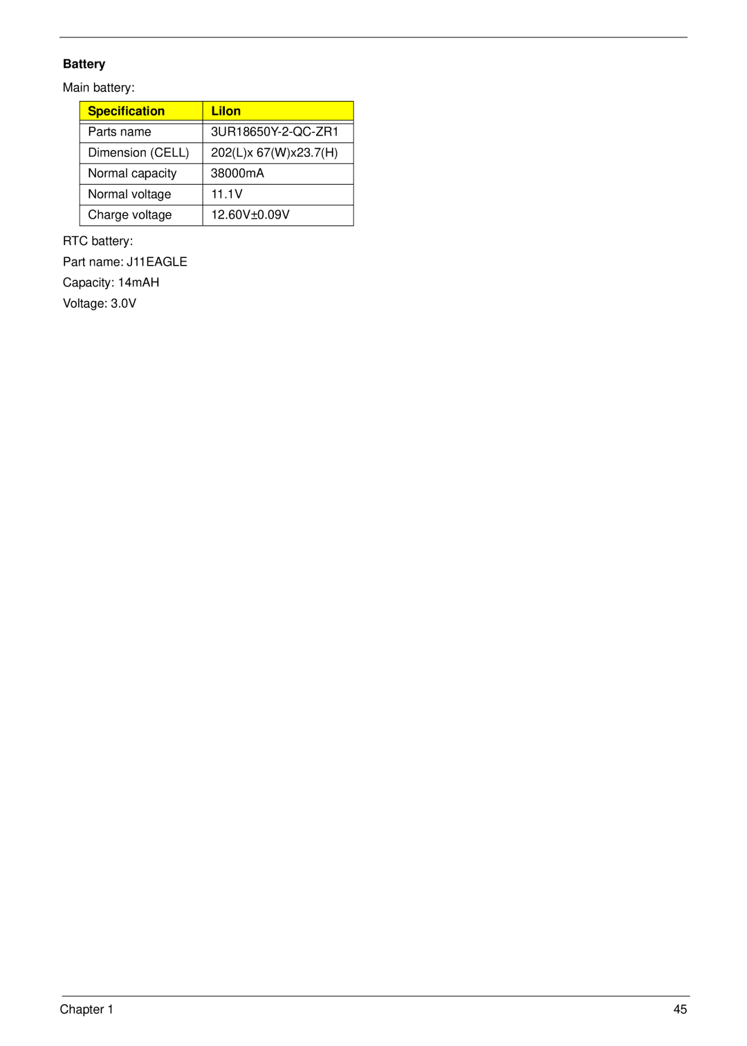 Acer 6492 manual Battery, Specification LiIon 