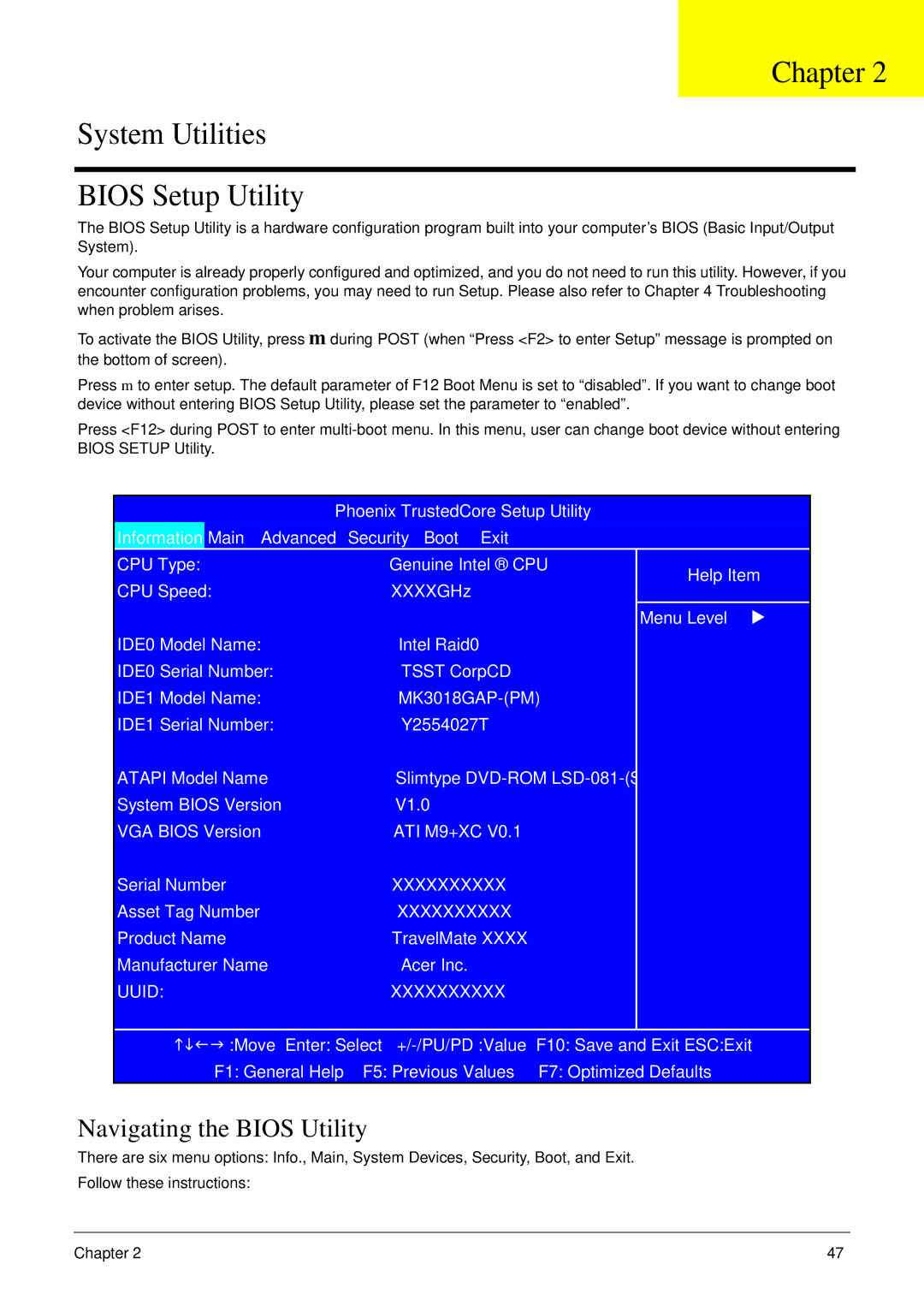 Acer 6492 manual Chapter System Utilities Bios Setup Utility, Navigating the Bios Utility 