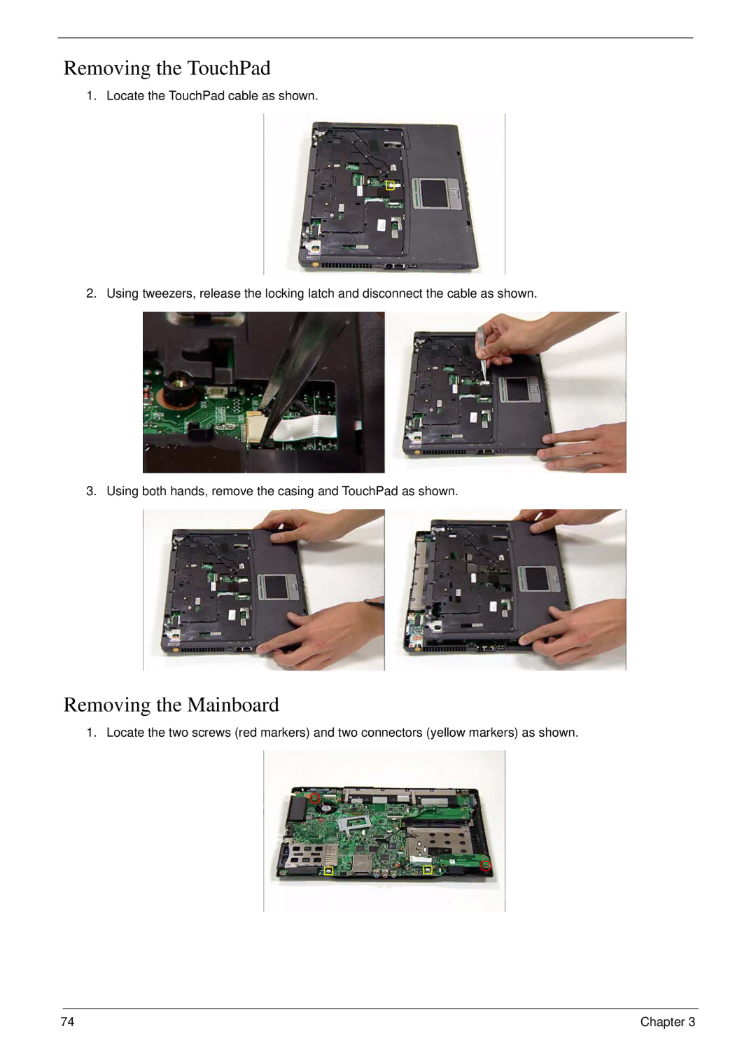 Acer 6492 manual Removing the TouchPad, Removing the Mainboard 