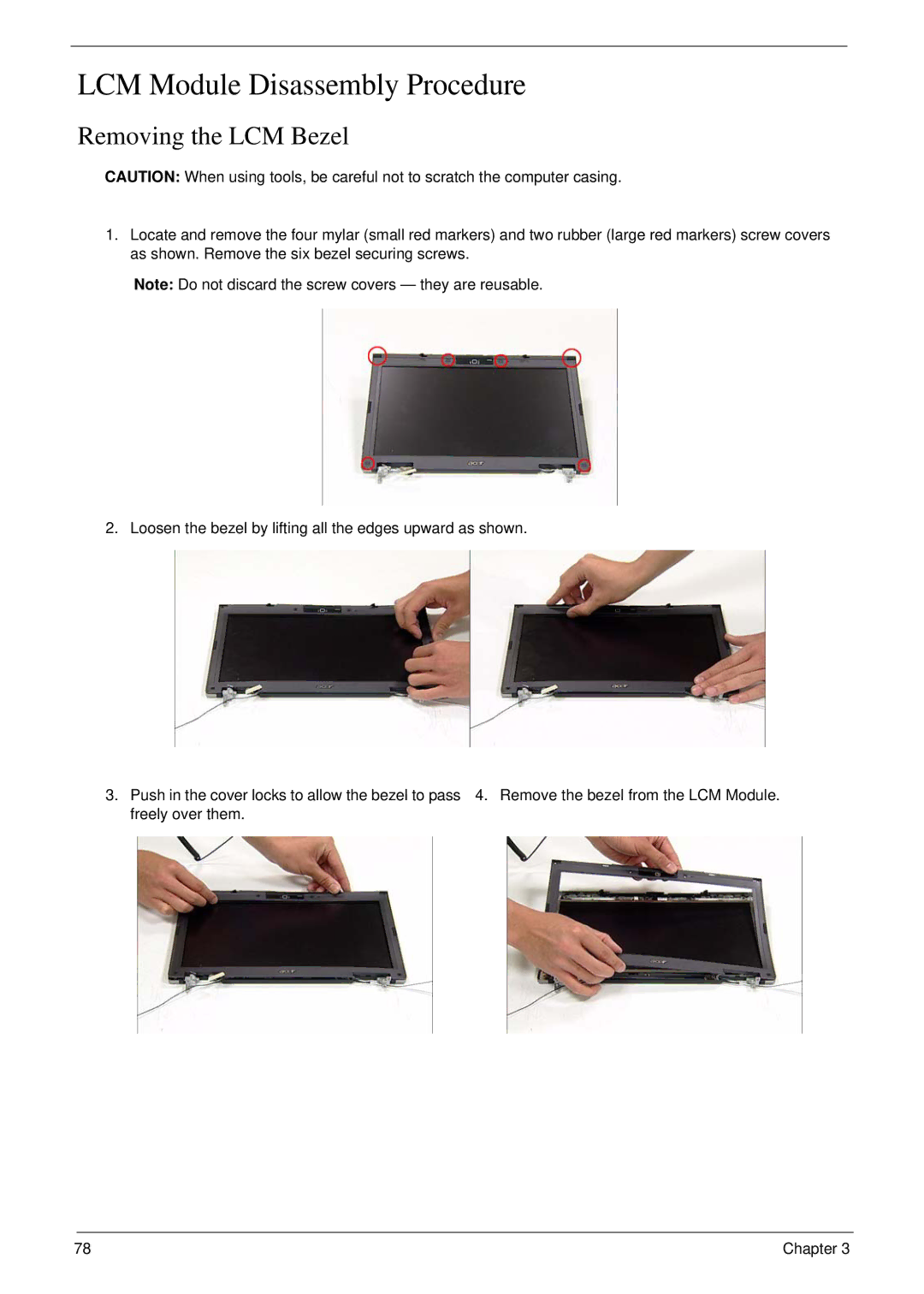 Acer 6492 manual LCM Module Disassembly Procedure, Removing the LCM Bezel 