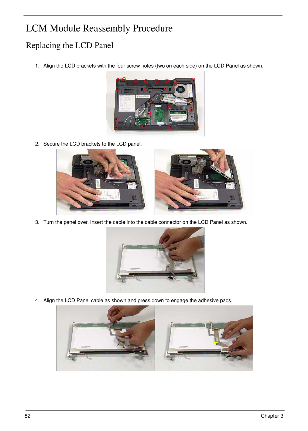 Acer 6492 manual LCM Module Reassembly Procedure, Replacing the LCD Panel 