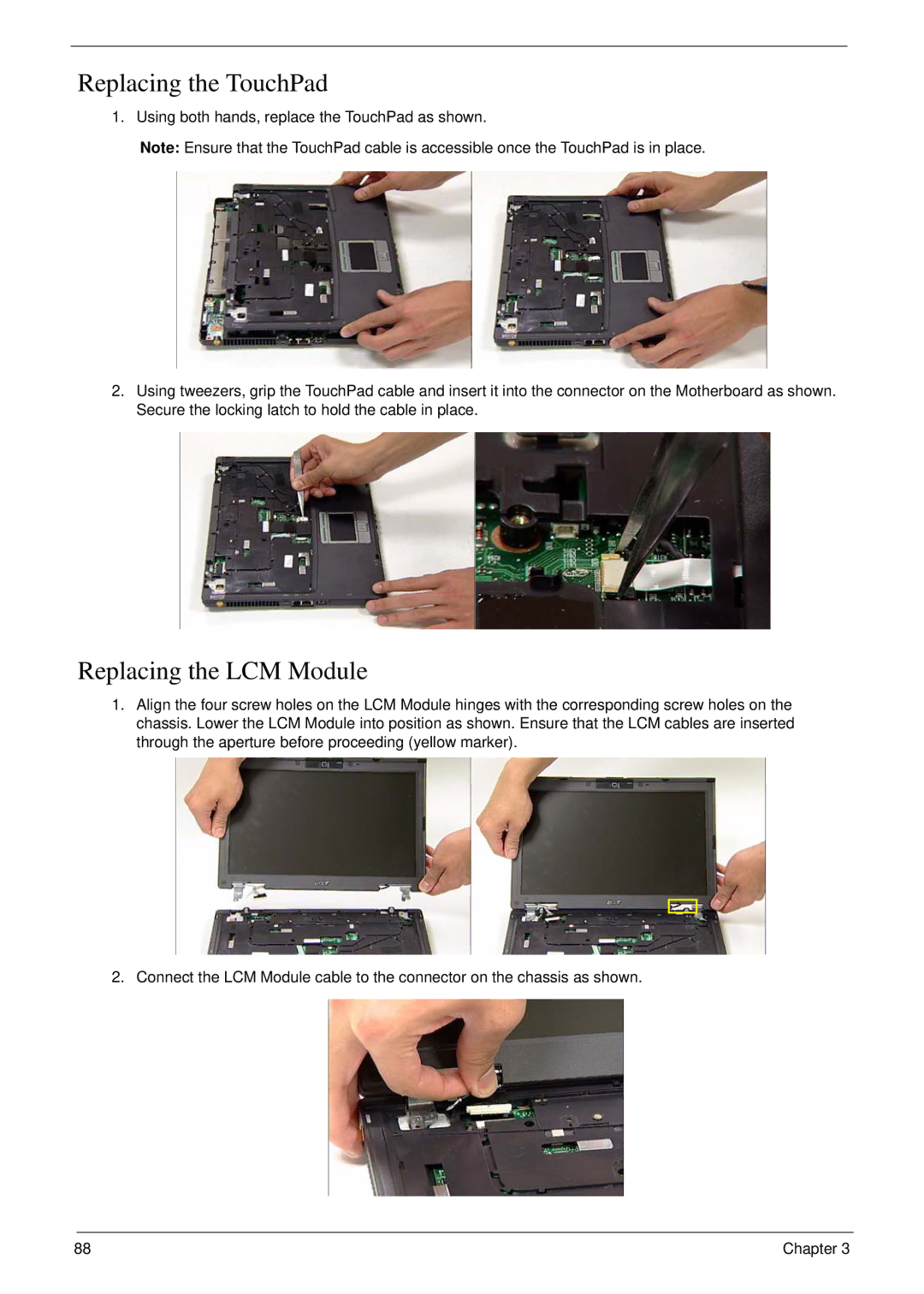 Acer 6492 manual Replacing the TouchPad, Replacing the LCM Module 