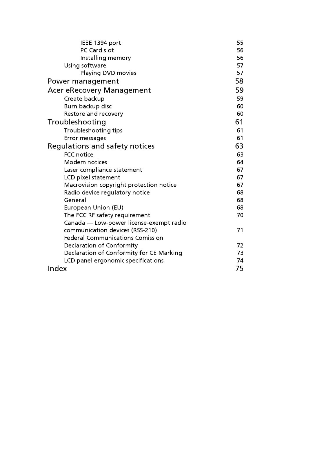 Acer 6492 Series, 6492G Power management Acer eRecovery Management, Troubleshooting, Regulations and safety notices, Index 