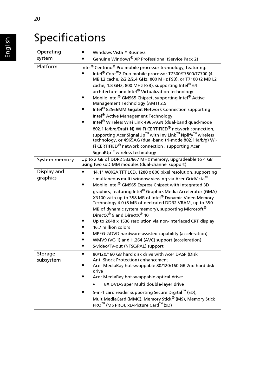 Acer 6492G, 6492 Series manual Specifications, Platform 