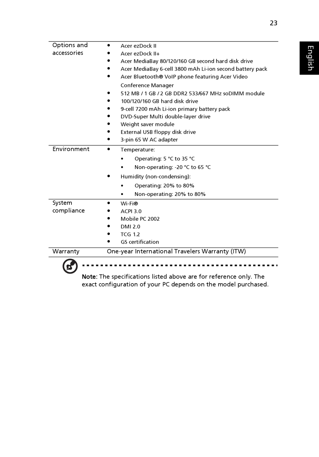 Acer 6492 Series, 6492G manual Options 