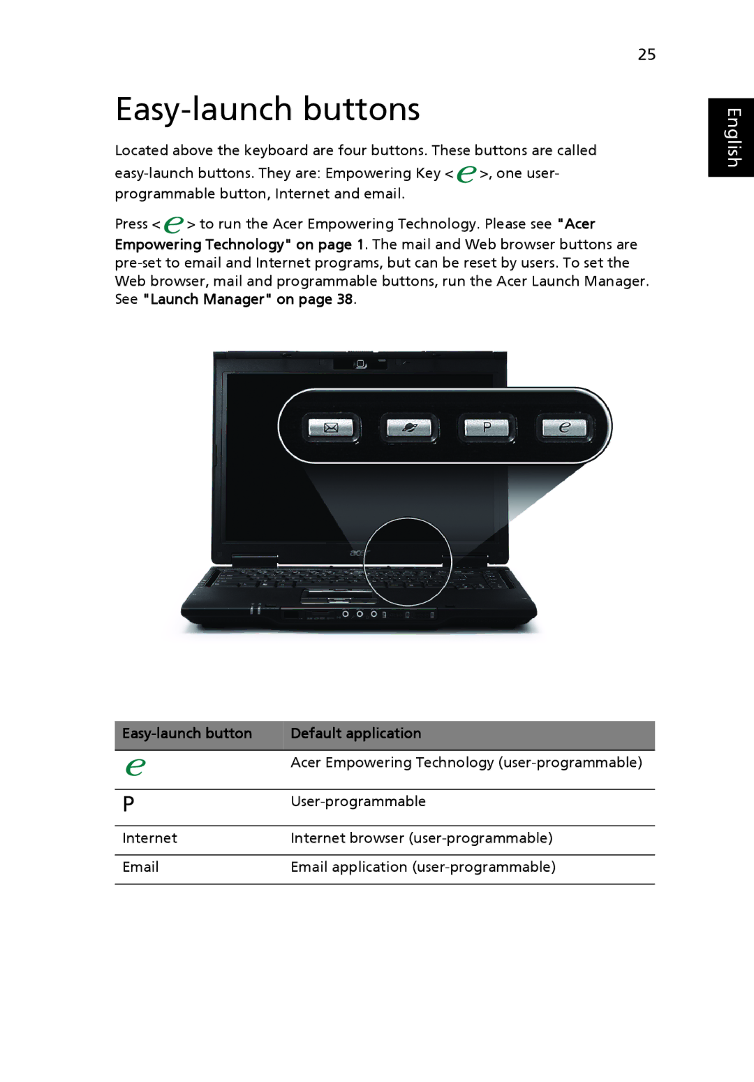 Acer 6492 Series, 6492G manual Easy-launch buttons, Easy-launch button Default application 