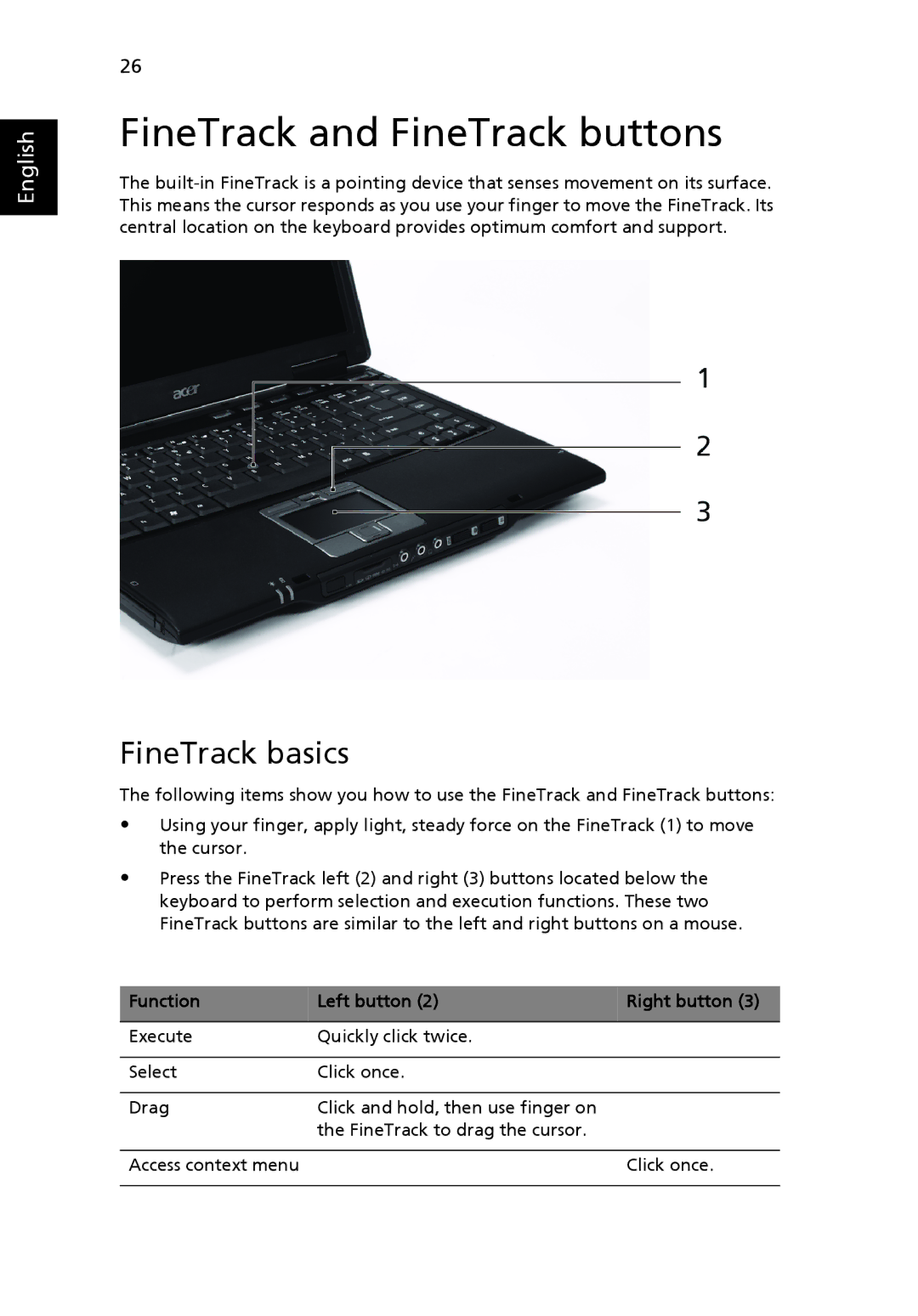 Acer 6492G, 6492 Series manual FineTrack and FineTrack buttons, FineTrack basics, Function Left button Right button 