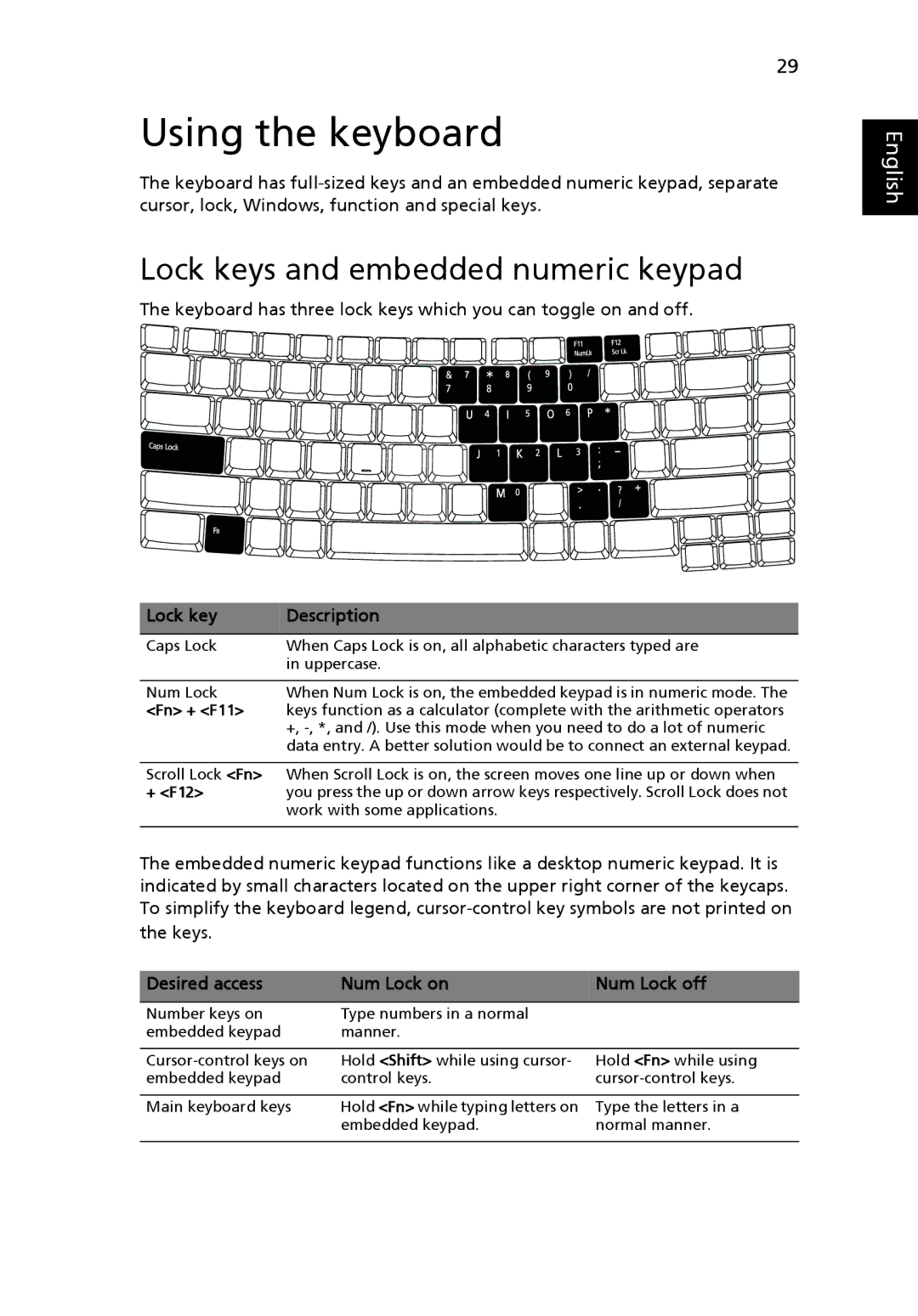 Acer 6492 Series, 6492G manual Using the keyboard, Lock keys and embedded numeric keypad, Lock key Description 