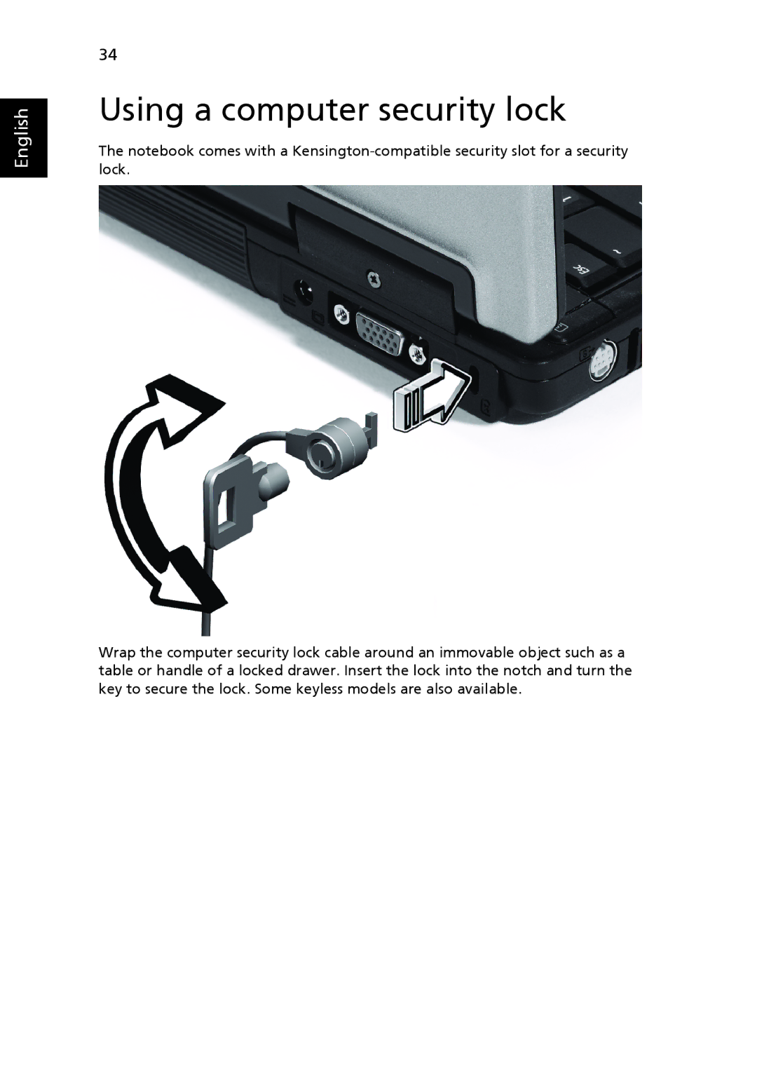 Acer 6492G, 6492 Series manual Using a computer security lock 