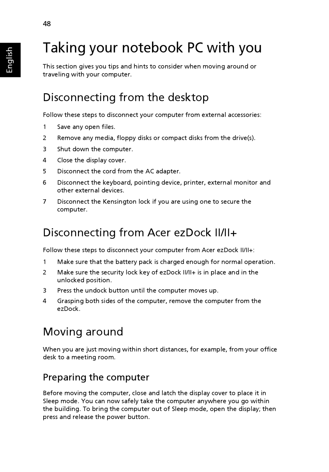 Acer 6492G manual Taking your notebook PC with you, Disconnecting from the desktop, Disconnecting from Acer ezDock II/II+ 