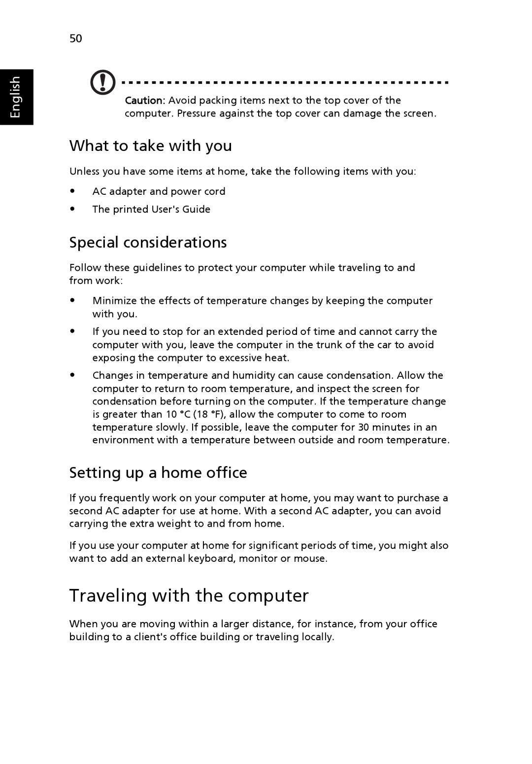 Acer 6492G manual Traveling with the computer, What to take with you, Special considerations, Setting up a home office 