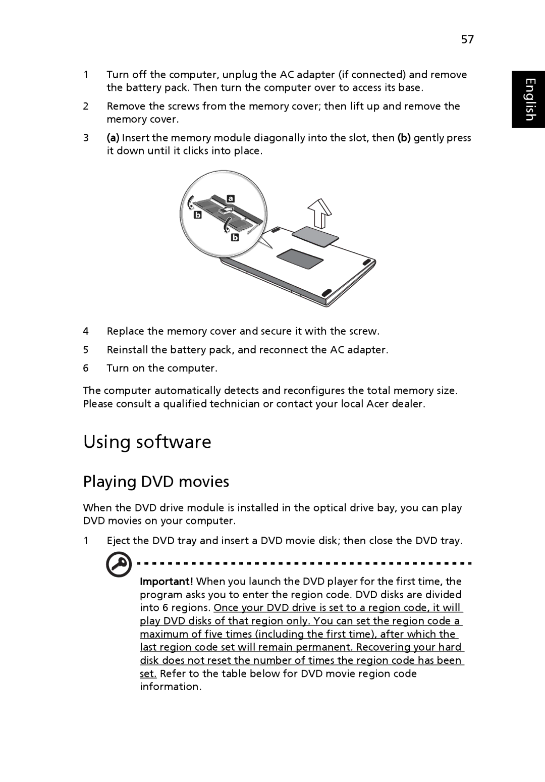 Acer 6492 Series, 6492G manual Using software, Playing DVD movies 