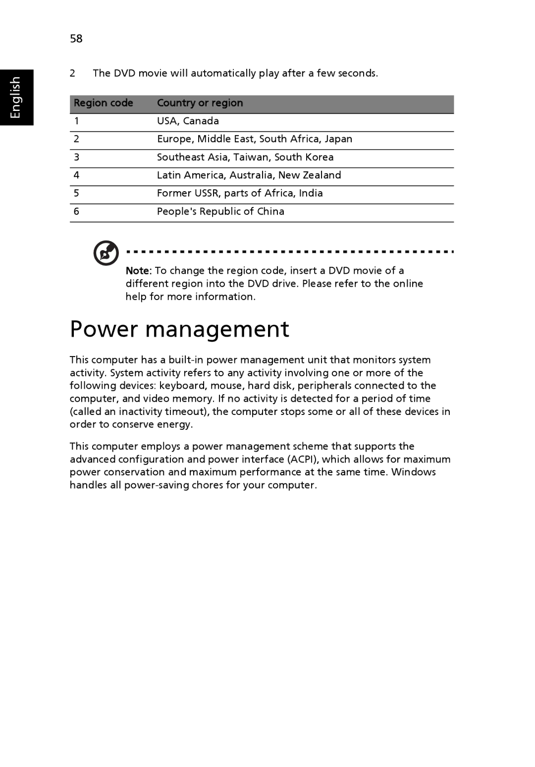 Acer 6492G, 6492 Series manual Power management, Region code Country or region 