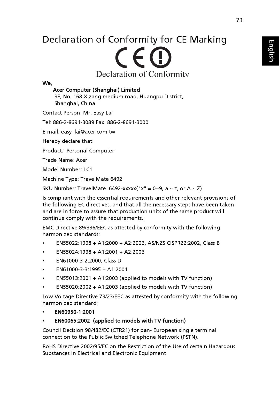 Acer 6492 Series, 6492G manual Declaration of Conformity for CE Marking, Acer Computer Shanghai Limited 