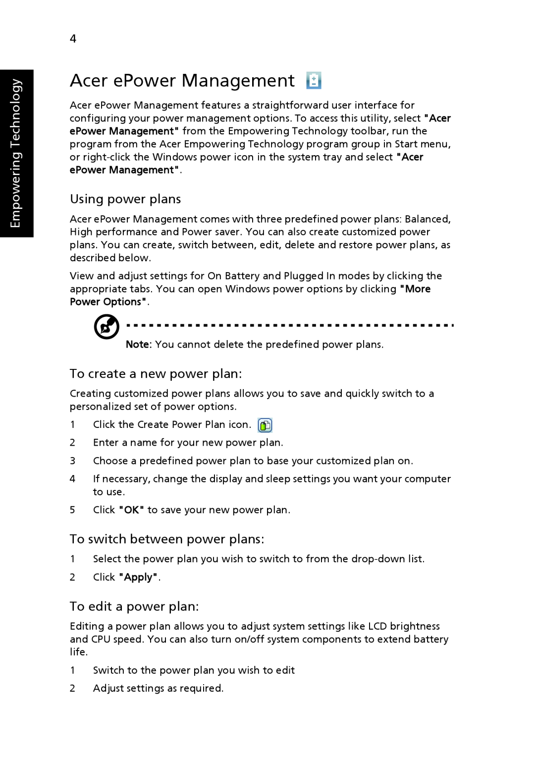 Acer 6492G manual Acer ePower Management, Using power plans, To create a new power plan, To switch between power plans 