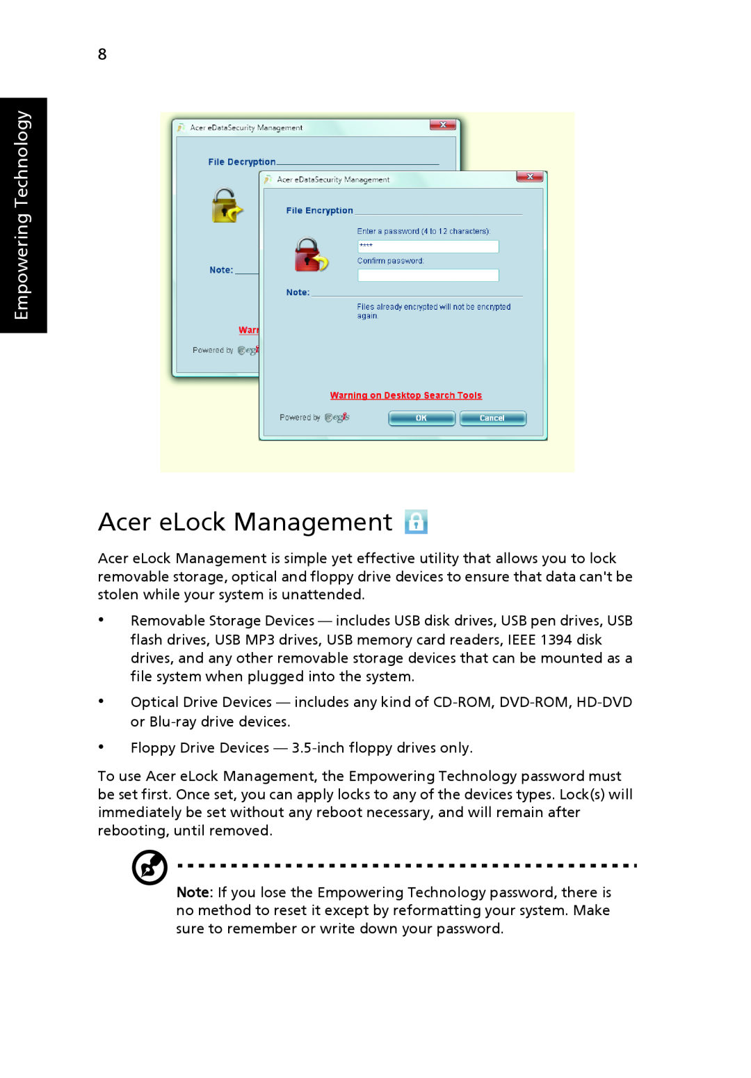 Acer 6492G, 6492 Series manual Acer eLock Management, Empowering Technology 